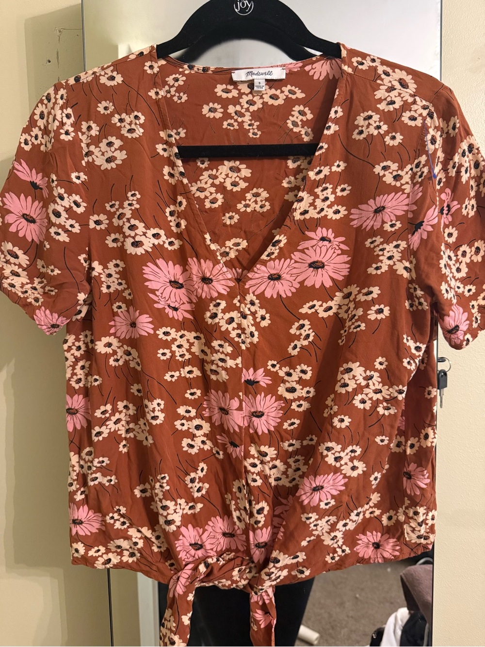 Madewell Rust Floral V-Neck Tie-Hem Blouse with Pink & Cream Flowers